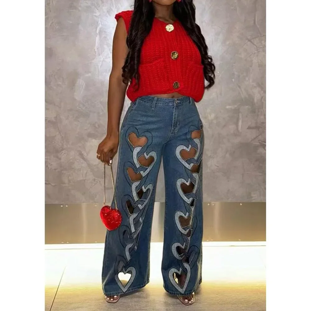 Womens Ripped Heart Cutout Baggy Jeans High Waisted Wide Leg Denim - Picture 4 of 6